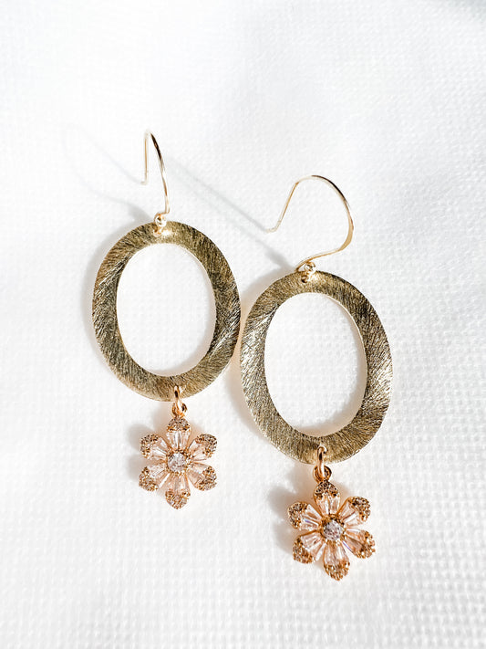 Oval Crystal Flower Drop Earrings