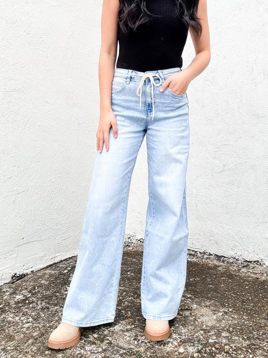 High Rise Drawstring Baggy Denim Jeans