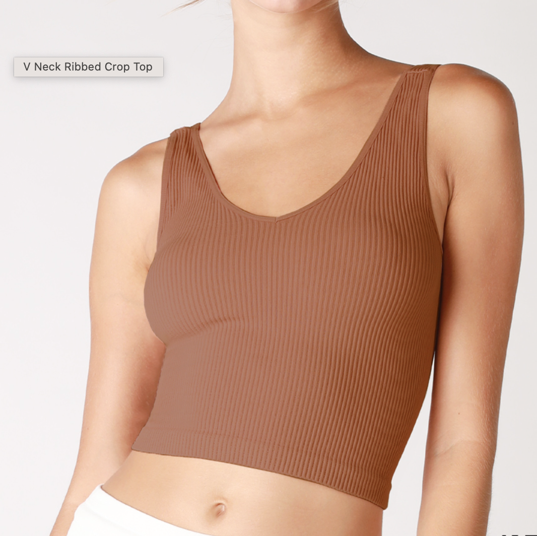 Vallory V Neck Ribbed Crop Deep Cognac